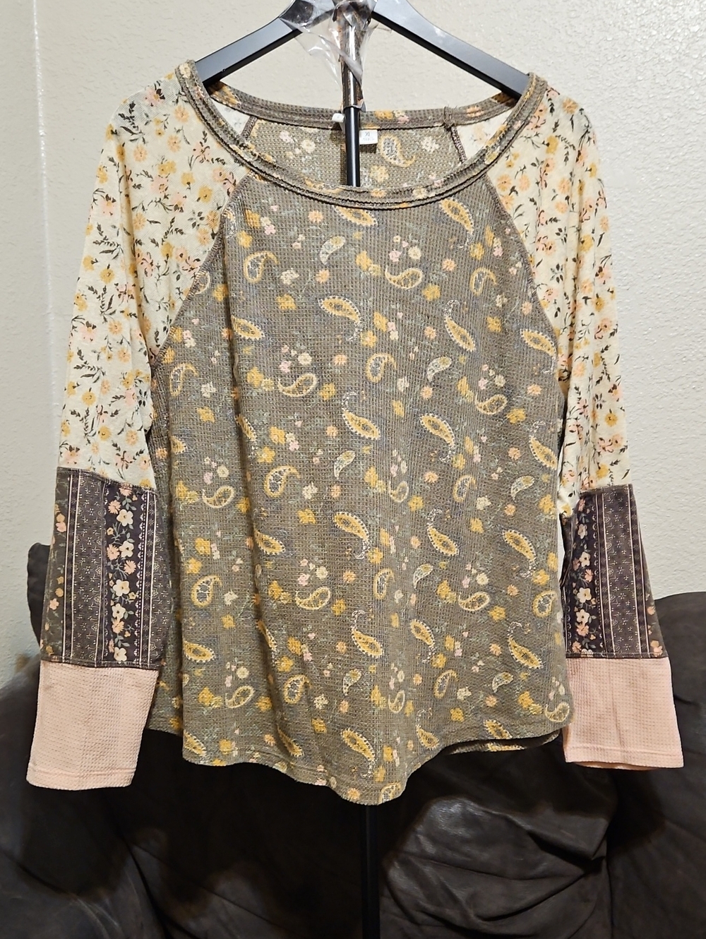 Cato Boho Mixed Patchwork Long-Sleeve Top in Olive, Cream and Pink